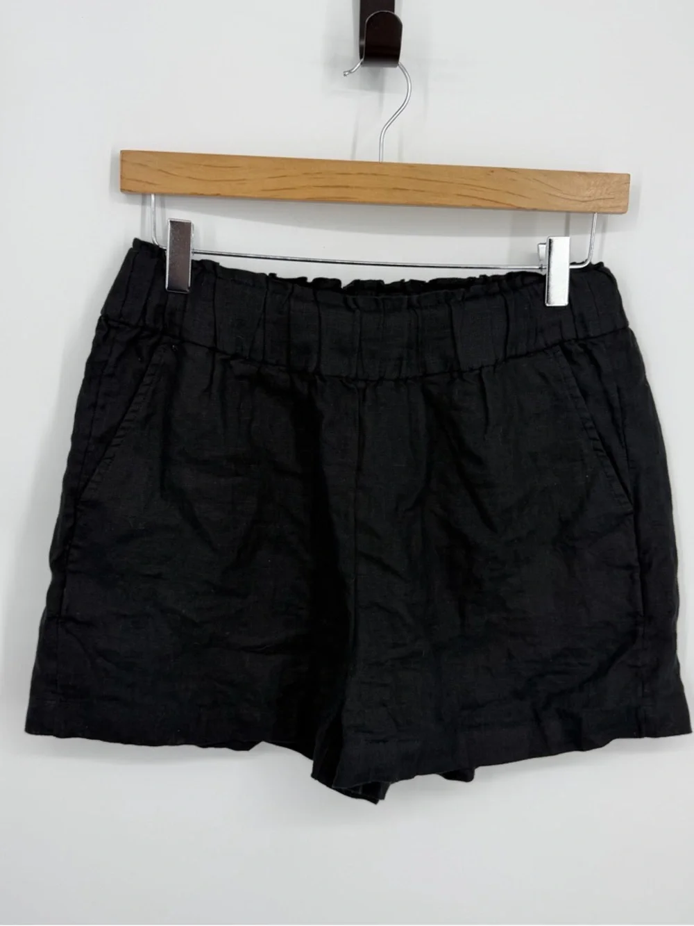 J CREW‎ sz XS Pull-On Black Linen Shorts BH823 Elastic Waist Pockets Preppy